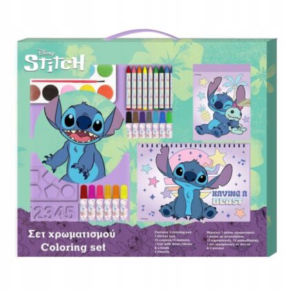 STITCH DUŻY ZESTAW KREATYWNY KREDKI FARBY PISAKI SZABLONY