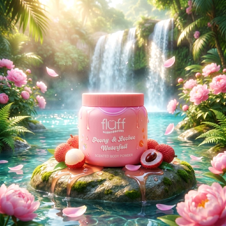 Fluff Blend & Scent Puder do ciała, Peony & Lechee Waterfall 60 g - obrazek 2
