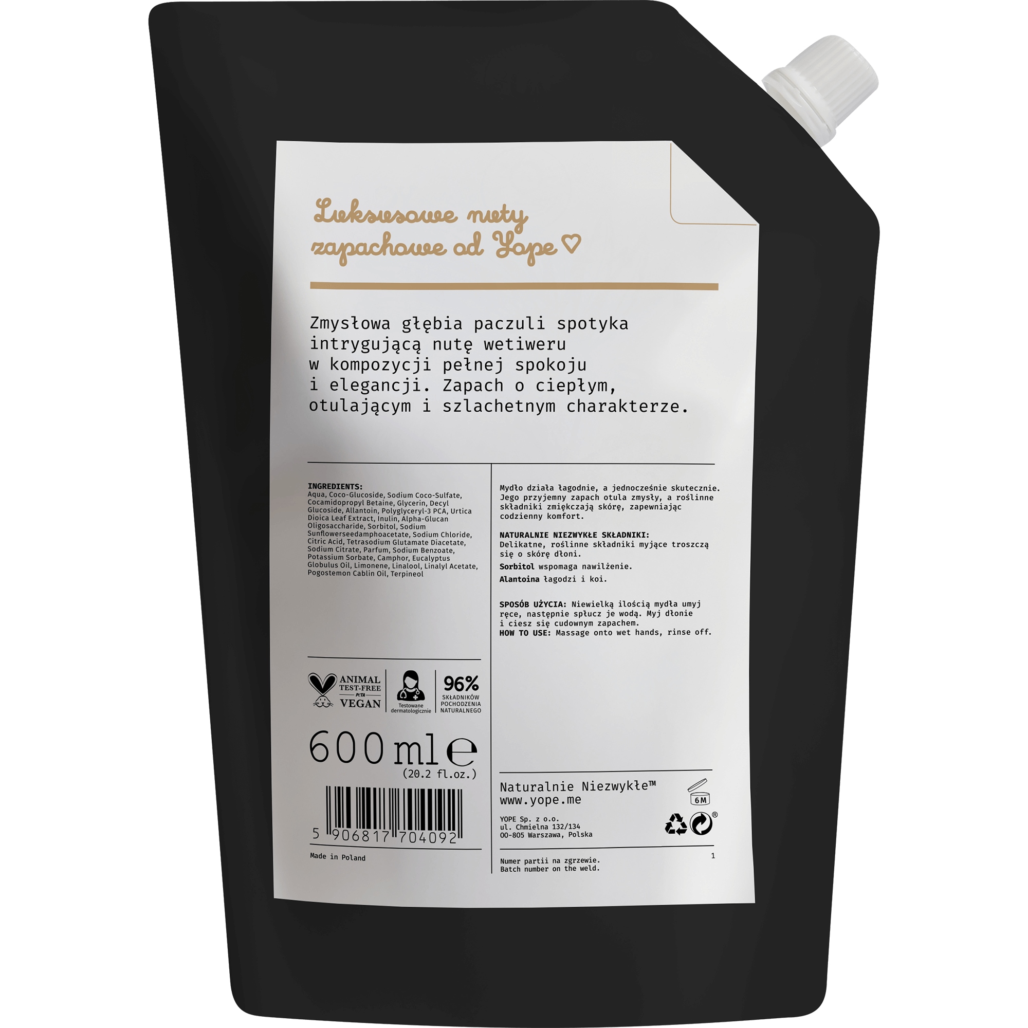 YOPE Mydło w płynie Uzupełnienie Zapas Paczula Wetiwer 600 ml - obrazek 3