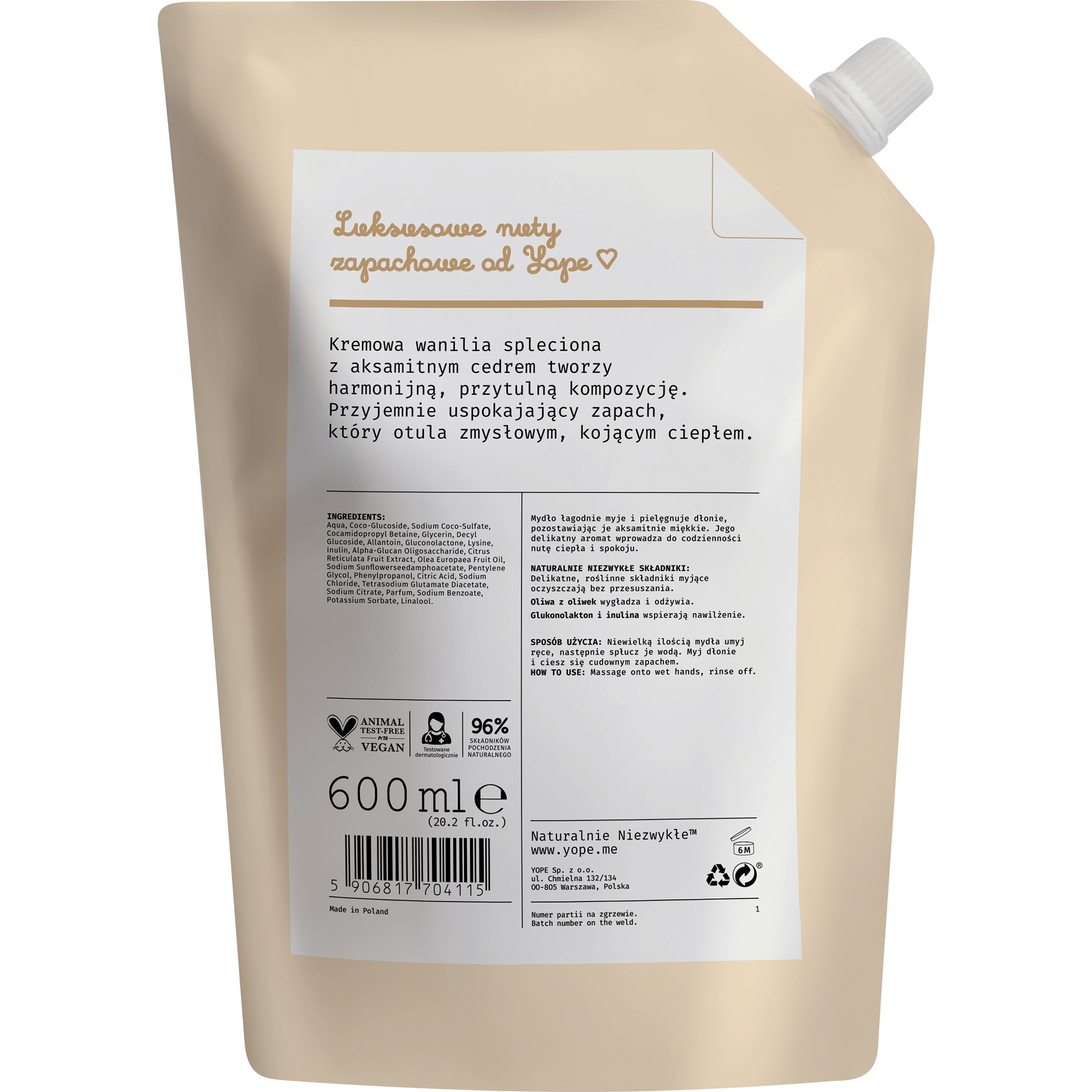 YOPE Refill Naturalnego Mydła w płynie Wanilia i Biały Cedr 600 ml - obrazek 3