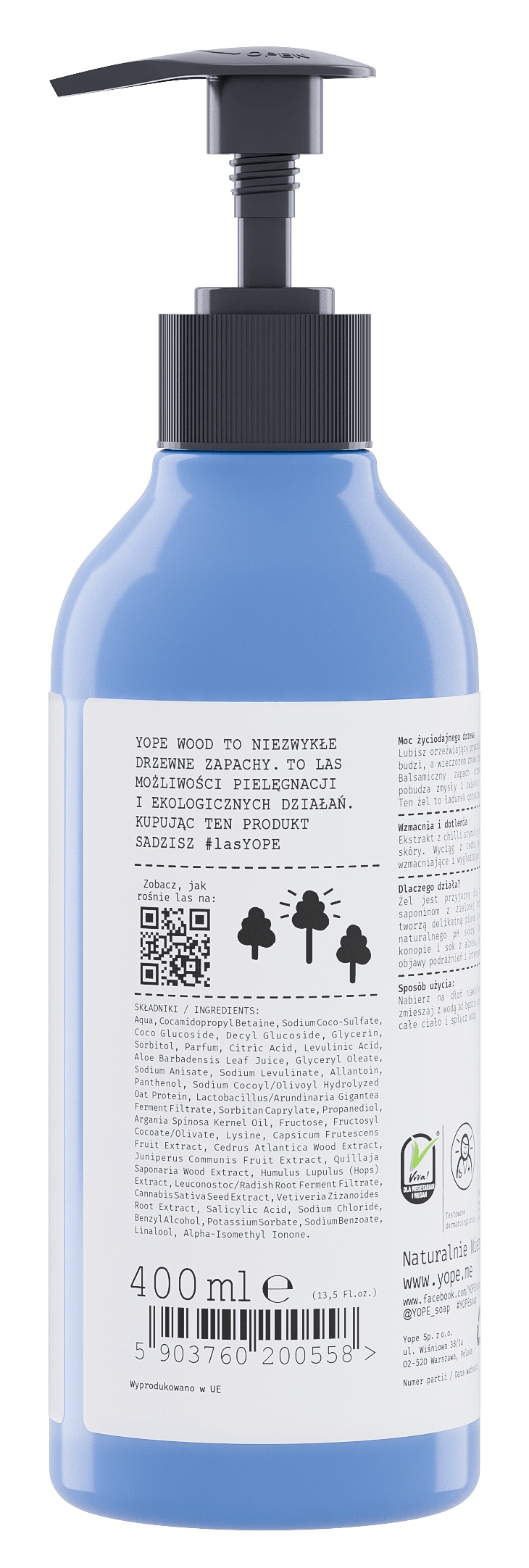 YOPE Wood naturalny żel pod prysznic drzewo cedrowe jałowiec i chilli 400ml - obrazek 3