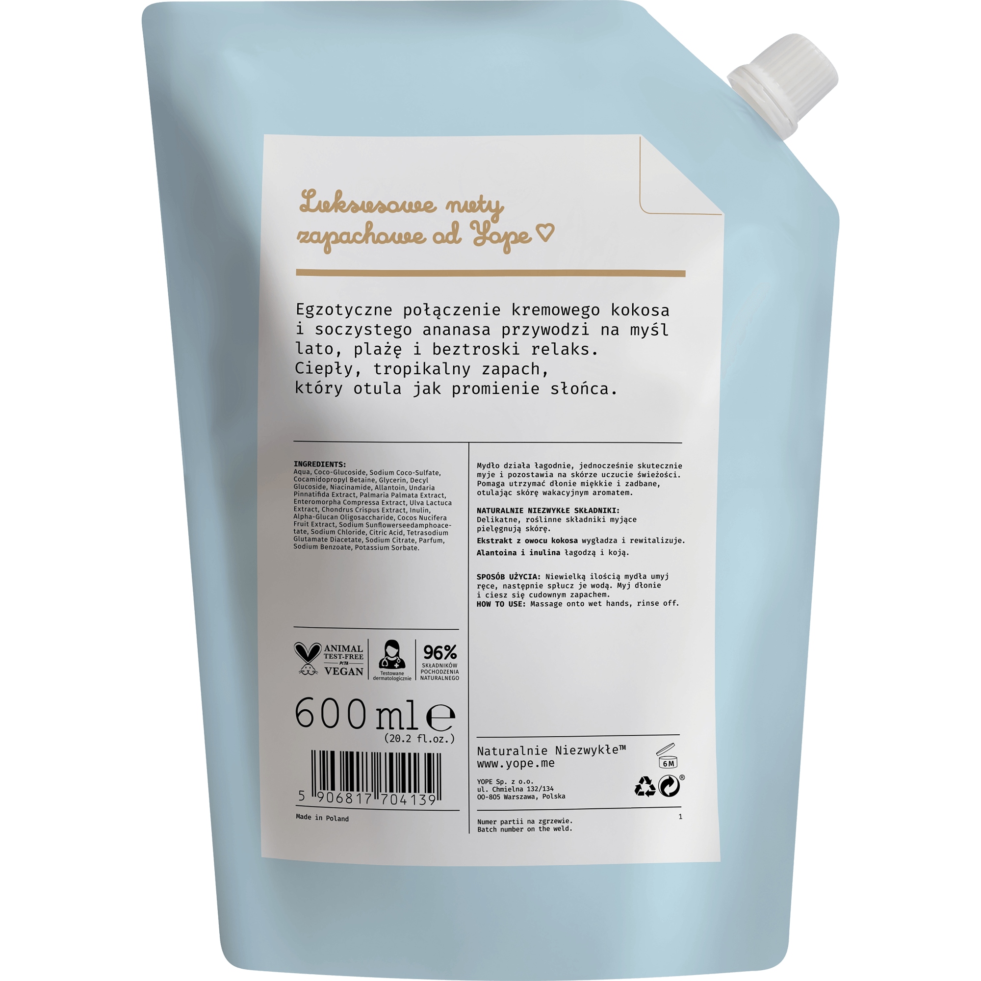 YOPE Refill Zapas naturalnego mydła w płynie Kokos i Ananas 600ml - obrazek 3