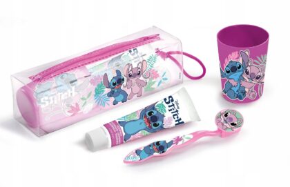 Stitch ZESTAW Szczoteczka do mycia zębów, pasta, kubek, kosmetyczka