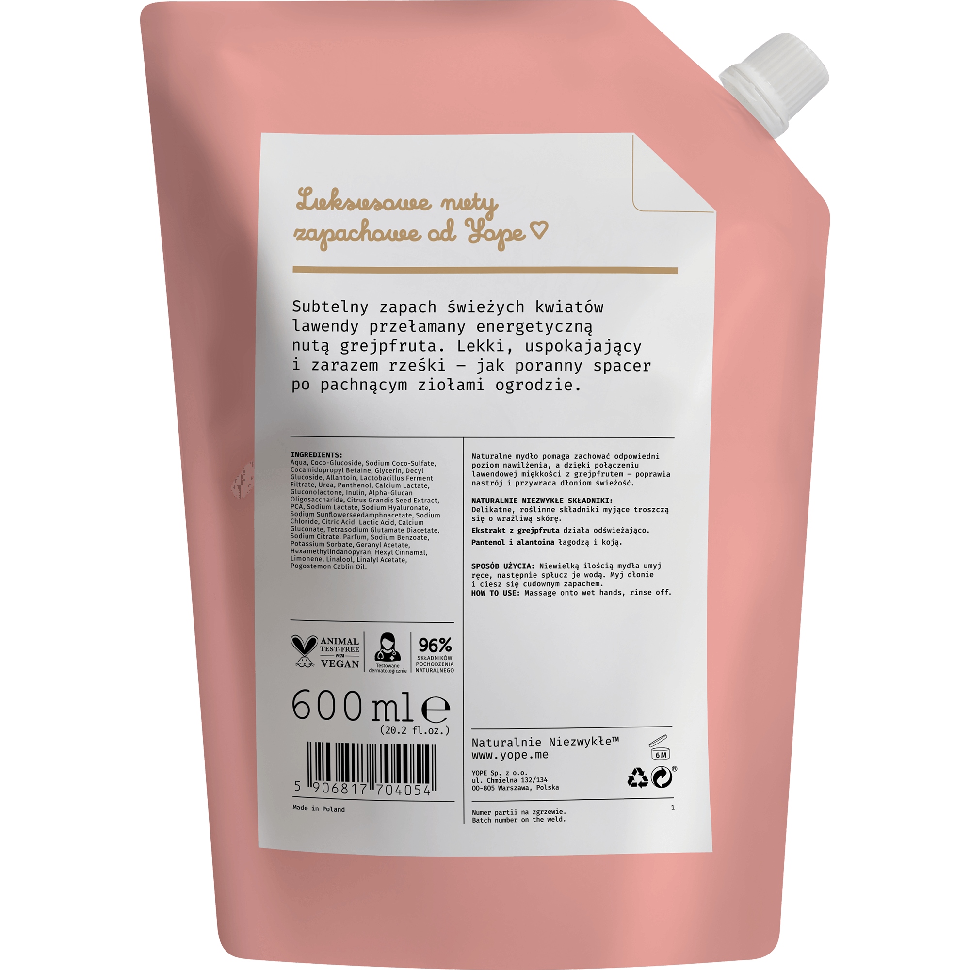 YOPE Mydło w płynie Zapas Biała Lawenda Grejpfrut 600 ml - obrazek 3